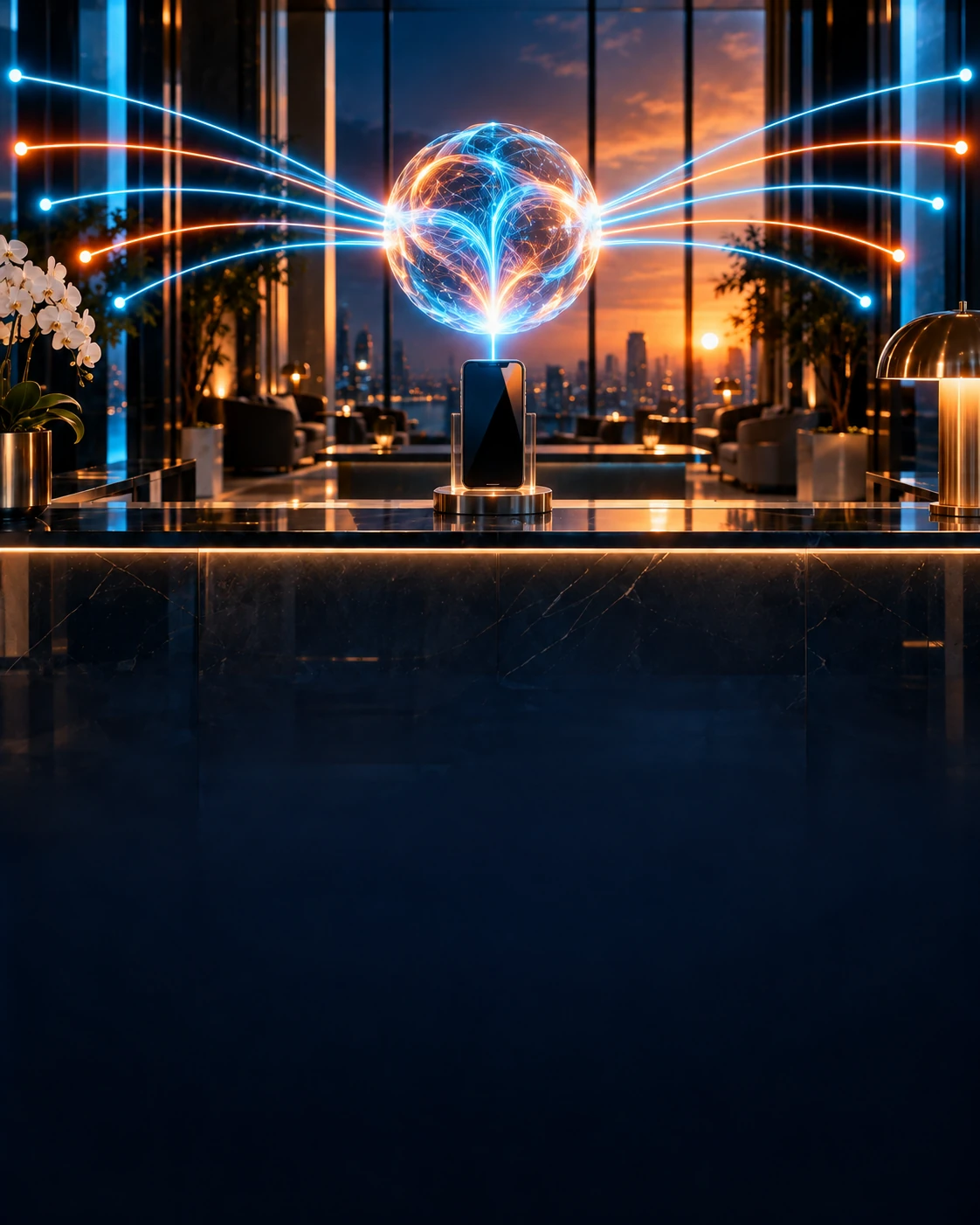 A luminous AI voice core connected to a smartphone, answering many calls through the night.