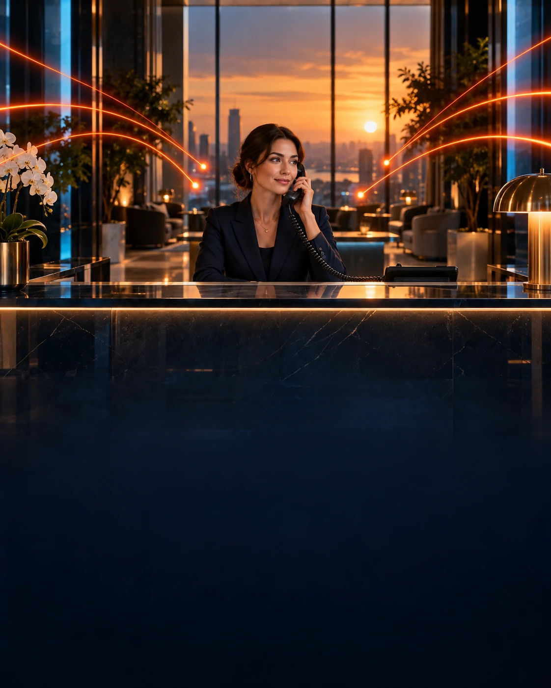 A professional human receptionist working at a physical front desk as unanswered call lights gather around the phone.
