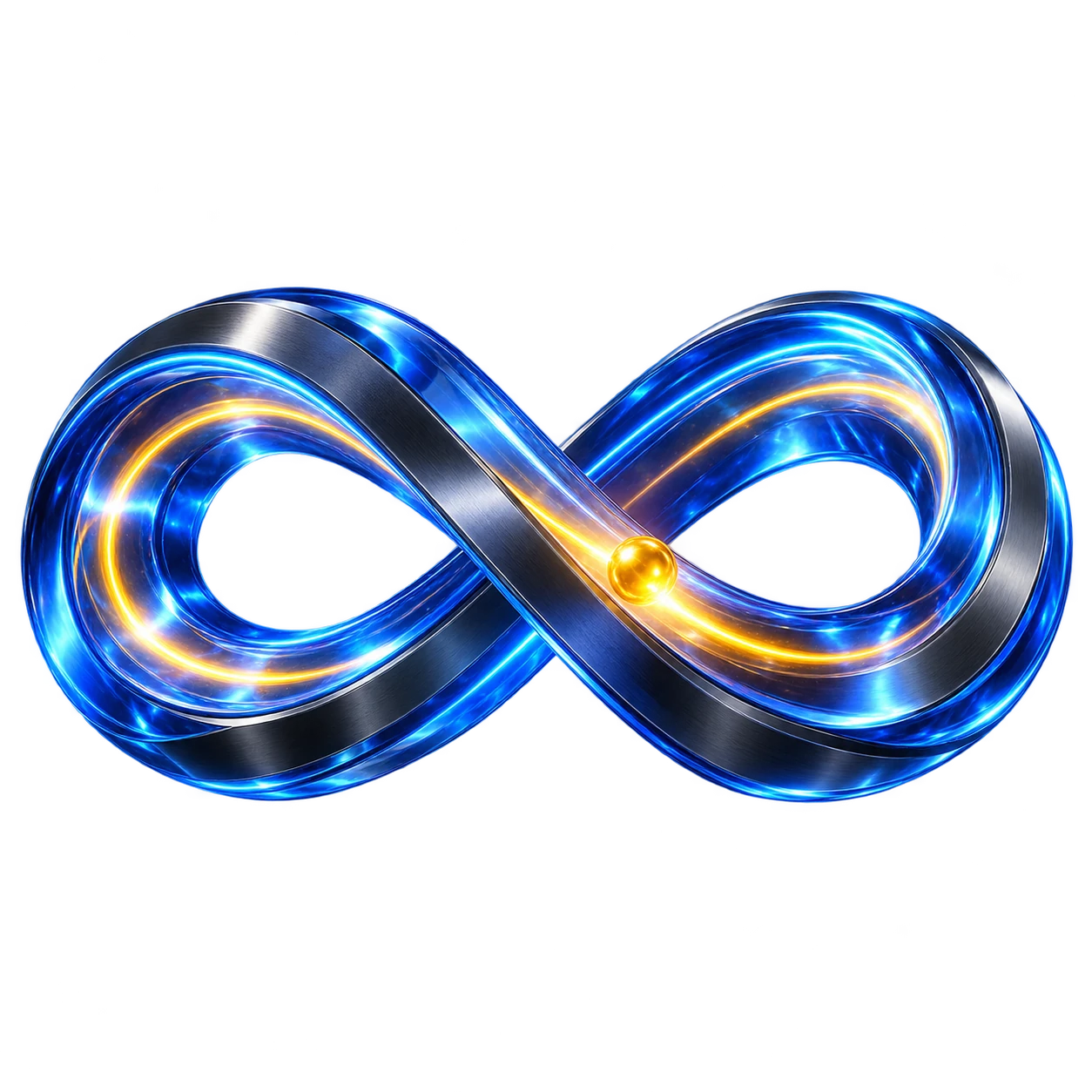 A blue three-dimensional infinity loop carrying an amber pulse continuously through its track.