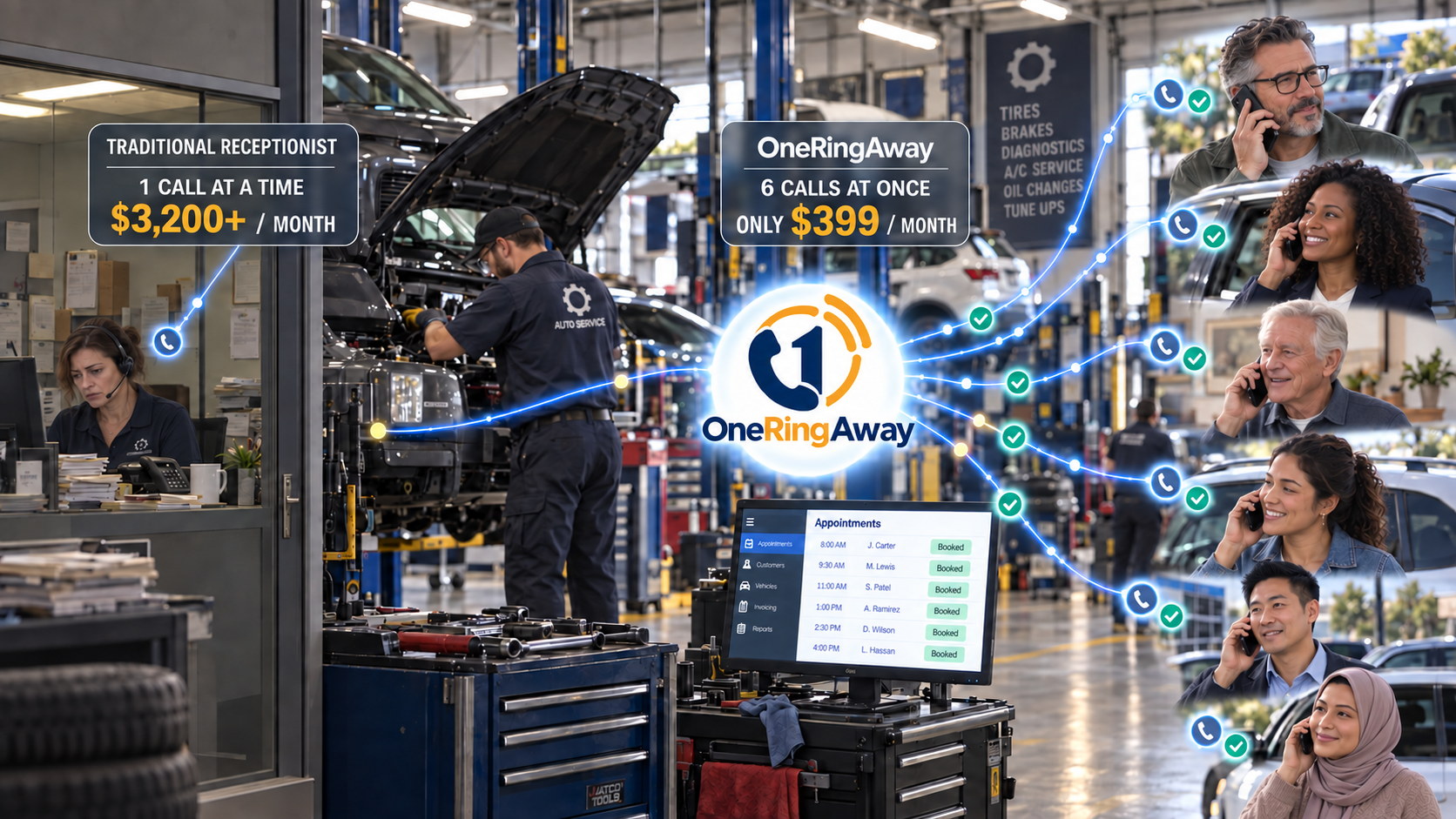 An auto repair shop where six customers call at once and every appointment gets booked — OneRingAway answers