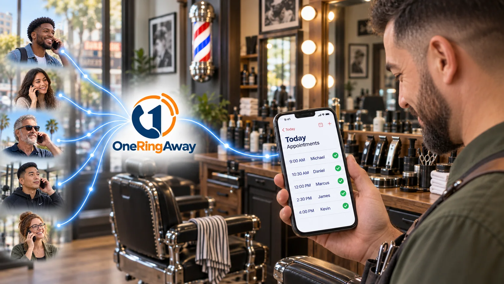 Five customers calling at once while a barber checks today’s appointments on his phone — OneRingAway answers every one