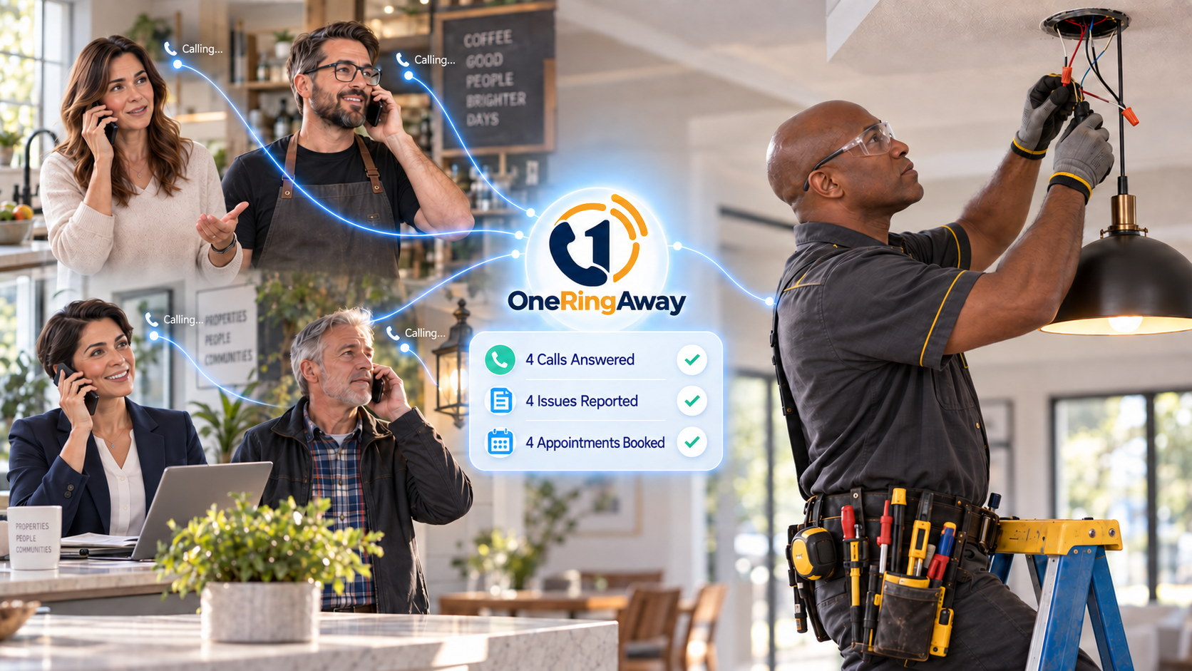 Four customers calling at once while an electrician wires a ceiling light — four calls answered, four appointments booked