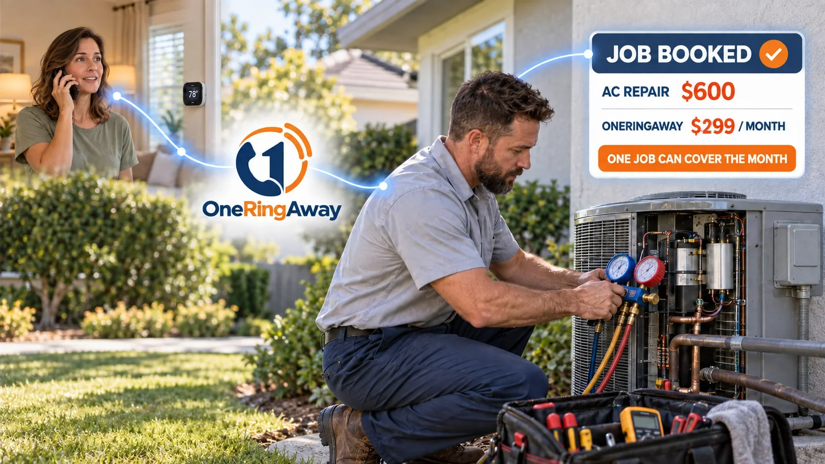 A homeowner calling about a hot house while an HVAC technician works on the condenser — job booked, $600 repair, $299 a month