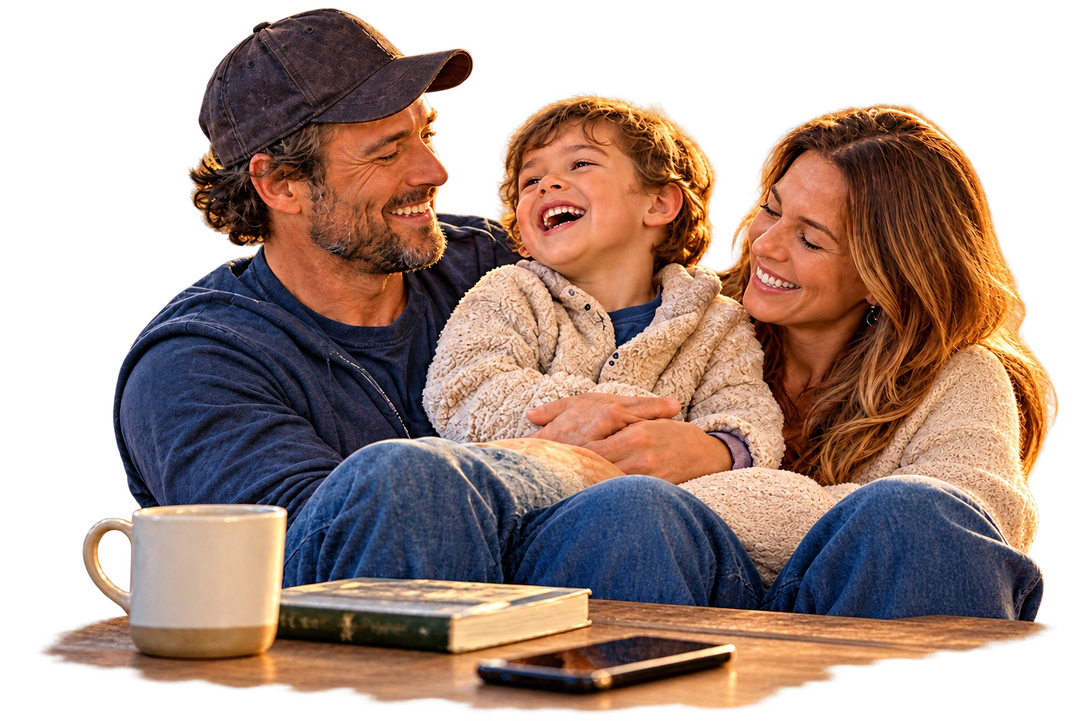 Business owner relaxing with his partner and child, with a phone on the table