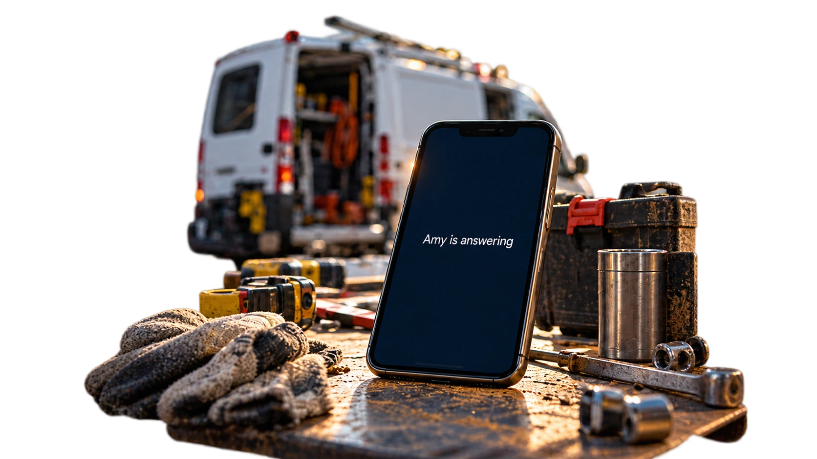 Phone taking a call with a service van behind it